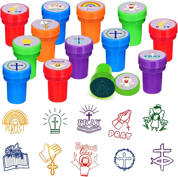 Cinrobiye 24 Pcs Christian Stampers Party Favor Set, Cute Bible Verse Stamps for Kids Sunday School, Church Classroom Rewards, Faith Based Gifts, Goody Bag Fillers, Religious Party Supplies