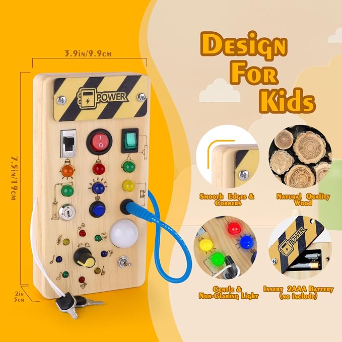 Montessori Wooden Busy Board with 8 LED Light switches, Sensory Toys Light Switch Travel Toys for 1+ Year Old Baby and Toddler