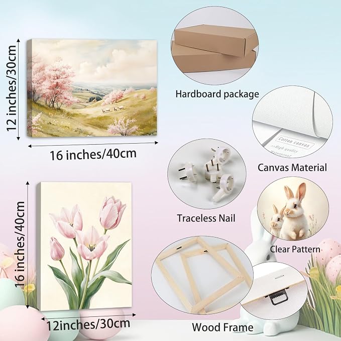 HOURIA Spring Easter Framed Canvas Wall Art(Set of 6,12”x16”), Bunny Chicks Easter Wall Decor, Vintage Tulip Cherry Blossom Spring Decorations for Home Living Room