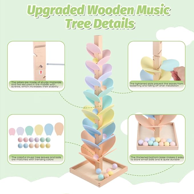 Marble Run Wooden Ball Drop Toys Toddlers 3-5 (Height: 27.8in) (1.1" Balls) | Wood Music Tree for 4-8 Toddlers Musical Game Montessori Toys Learning Color Sorting Sensory Toys for Boys Girls 8-12 Gift
