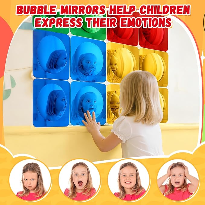 Geiserailie 16 Pcs Sensory Wall Bubble Mirrors, 10 x 10 Inch, CPC Certified | Colorful Acrylic Convex Mirrors, Sensory Room must haves, Classroom Learning Tool, Calming Corner, Preschool Daycare Activity