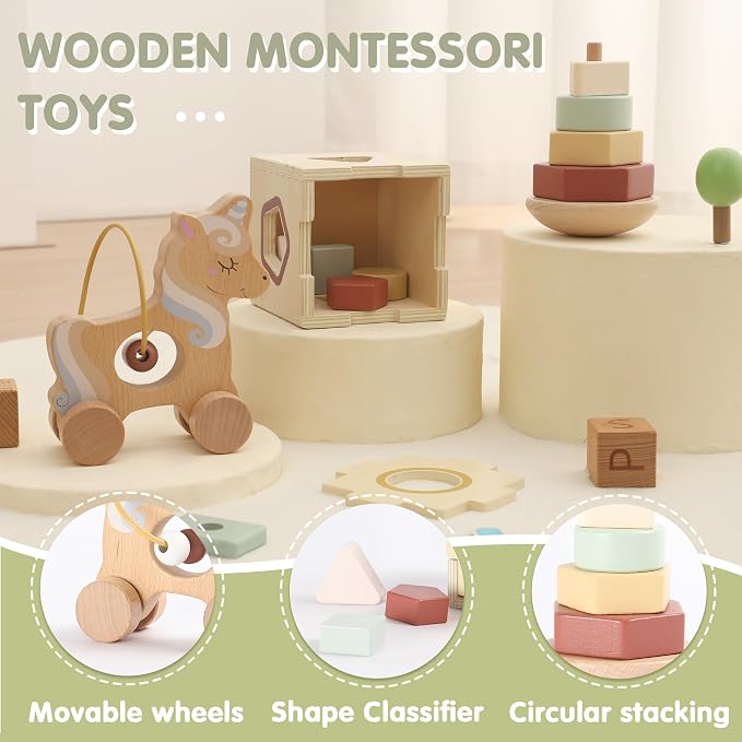 FReniland Montessori Toys for 1 Year Old，3-in-1 Wooden Baby Toys，Wooden Stacking Toy，Toddler Shape Sorting Cube, Unicorn Ring Toy