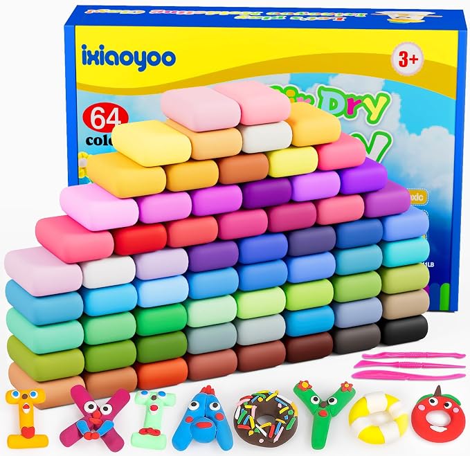 Ixiaoyoo Air Dry Clay, 64 Colors Foam Modeling Clay for School Projects | Safe & Non-Toxic, Soft, Non-Sticky, DIY Model Crafts Kids Toys for Home Party Favors, Birthday Gifts for Aged 3–12 Boys Girls