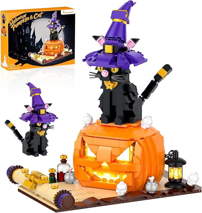 Halloween Pumpkin Witch Black Cat Building Set with Light for Kids | Cute Magic Cat with Pumpkin & Witch Hat Model Home Decor, Halloween Christmas Gift For Adults, Boys & Girls 6+, 577PCS
