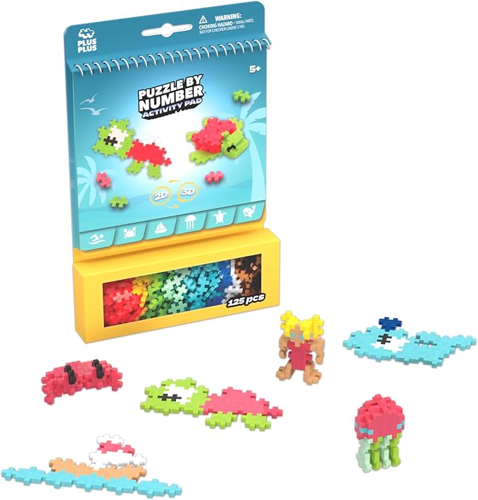 Plus Plus Puzzle By Number Activity Pad, Ocean - Mini Building Blocks Set | Roadtrip Essentials for Kids, Interlocking Waffle Blocks, Stem Toy, Airplane Activities for Kids, Kid Car Ride Must Haves