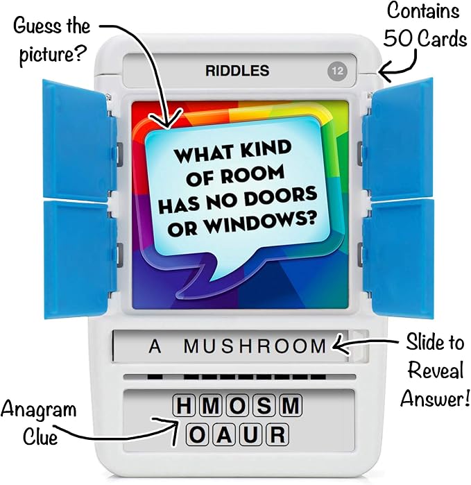 Riddles Travel Game - Guess 100 Riddles | Flash Cards with Slide Reveal Case | Card Game, Gift, Stocking Stuffer | Fun for Kids and Adults | Ages 6+