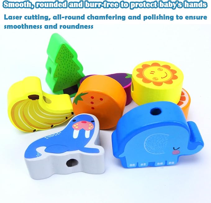 46 PCS Wooden Lacing Beads,Animals Fruits Threading Toys | Preschool Learning Lacing Toys,Montessori Educational Stringing Threading Beads Toys for Kids 3 4 5 6 Year Old Boys Girls