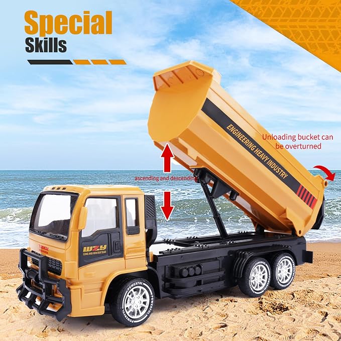Remote Control Dump Truck for Kids, 2.4GHz RC Construction Vehicle with LED Lights, 45° Dumping Function, 2 Rechargeable Batteries, Toy Truck for Boys Girls 3 4 5 6 7 8 Years Old