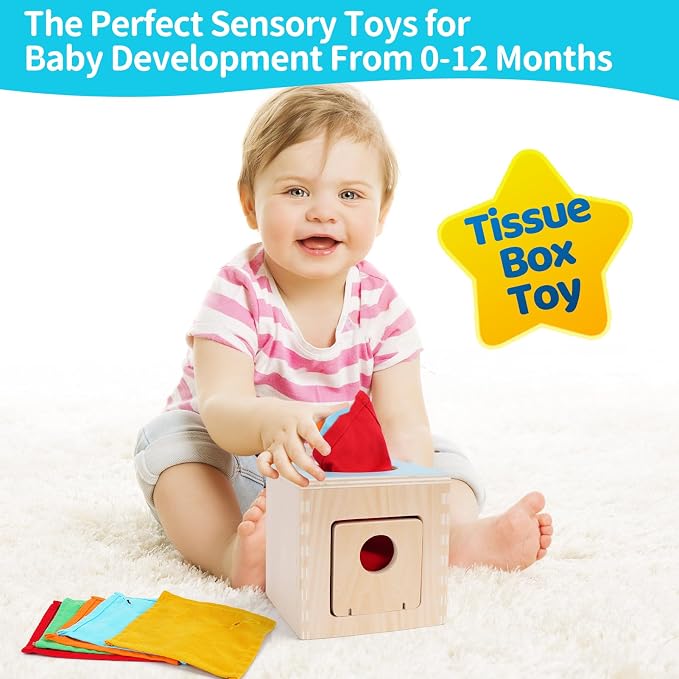FCSONU Wooden Baby Tissue Box Toy, Sensory Montessori Baby Toy 0-6-12 Month | Toddler Wooden Baby Sensory Toys for Educational Learning with Cloth Tissues, Boys Girls Birthday Gifts Christmas 9-18 Months