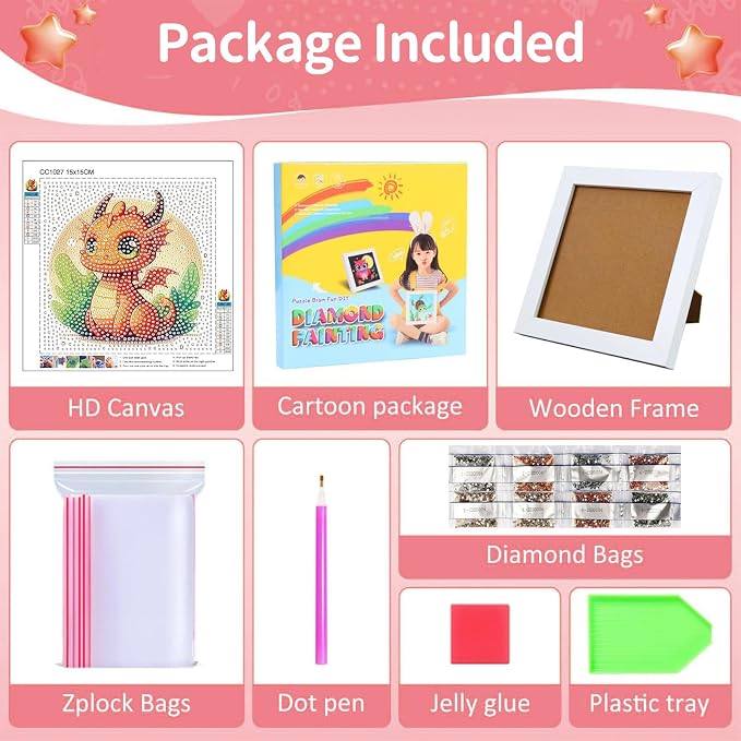 Gemozaic Dragon Diamond Art Kits for Kids Ages 4-8-12 with Frame, 7 x 7 in | Cute Dragon Diamond Art for Kids 10 12 Year Old, DIY Easy Kid Big Gem Painting, Animal Arts and Crafts for Girl Birthday Gift