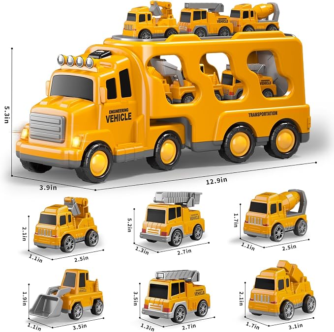 Beby Buty 7 in 1 Construction Trucks Cars for Toddlers 3-5, Boy Toddler Car Truck Toys with Light Sound, Birthday Gifts for 3 4 5 6 Year Old Boy