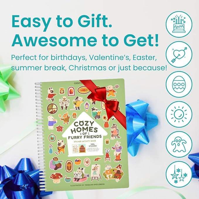 Cupkin Cozy Furry Animal Friends Coloring & Sticker Book | 500+ Stickers | Spiral-bound kids craft format with 12 scenes, 12 art pages, side-by-side viewing, and an easy-peel design for ages 2–8