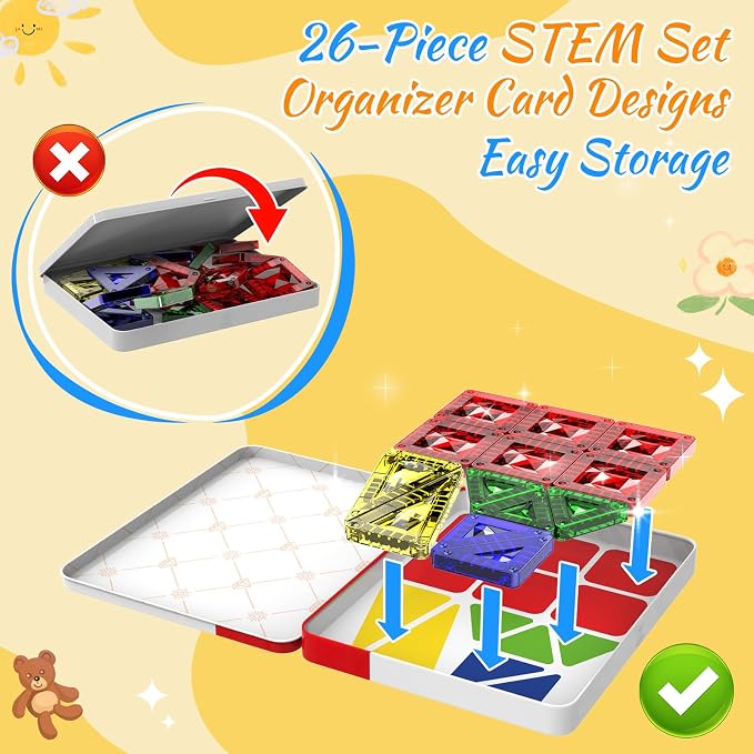 Mini Magnetic Tiles for Kids Ages 3-8, Travel Magnetic Building Blocks with Metal Storage Box, STEM Educational Toys, Montessori Sensory Learning Toys for Toddlers, Gift for Boys & Girls
