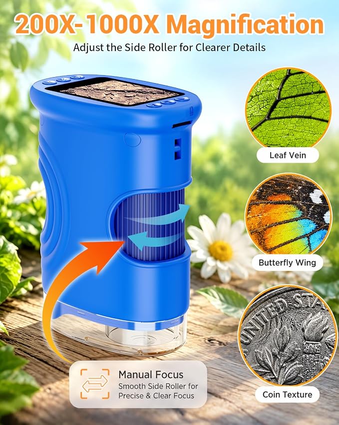 1000X Digital Handheld Microscope for Kids Portable Outdoor Toys & Gifts | 2.0" IPS Screen Magnifier, STEM Science Lab Magnifying Glass, Photo&Video Pocket Edu Toy for Boys & Girls Age 4-12, Blue
