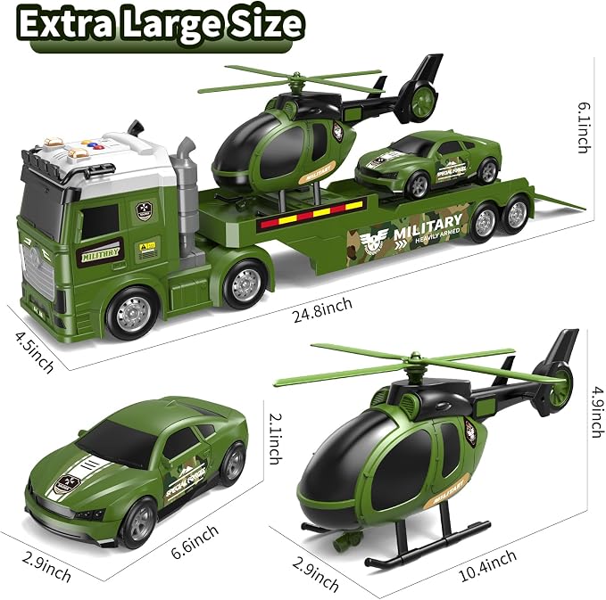 Kids Toys for Ages 3 4 5 6 7 8 Years Old Boys, 25" Large Army Semi Truck with Helicopter & Race Car, Friction Powered Vehicle with Lights & Sounds,Birthday Gift for Boys Girls