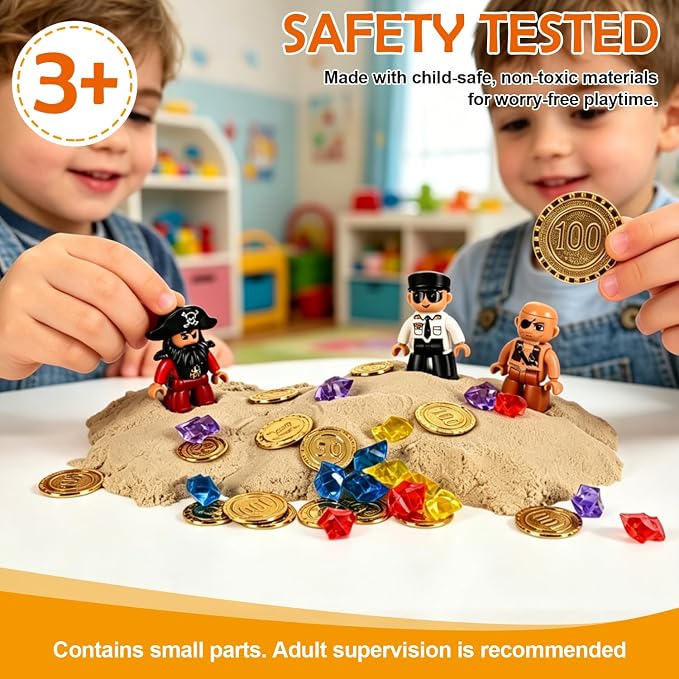 Pirate Treasure Chest Sensory Bin for Kids with Sensory Sand | Includes pirate figures, gems, coins and challenge cards for fine motor skills, counting activities Gifts for kids ages 3-6