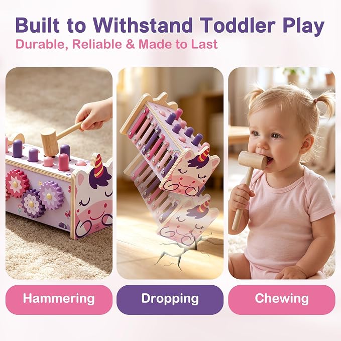 Wooden Montessori Toys for 1 Year Old, 1st Birthday Gift for Girls 1-3 | Pounding Hammering Toy with Xylophone, Toddler Learning Toy, Pink Unicorn Design, Educational Musical Baby Toy 12-18 mouth