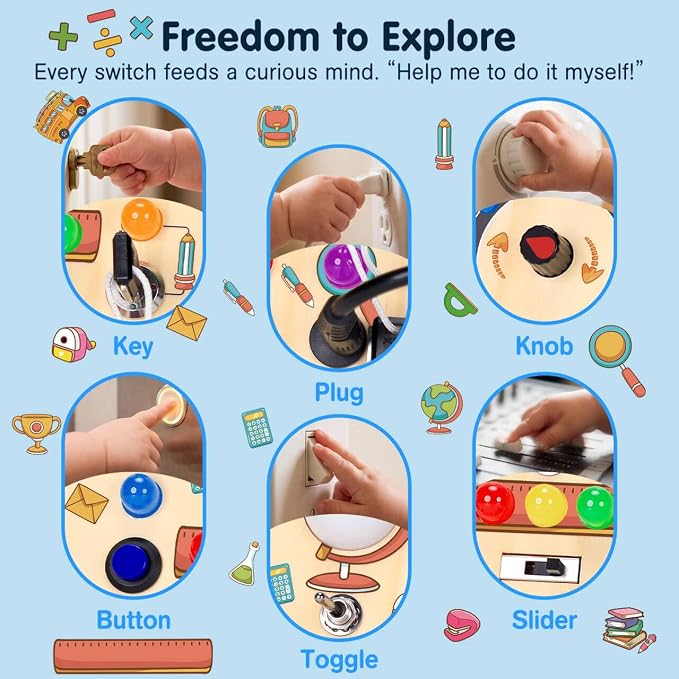 RichBoy Busy Boards, Lights Switch-Style, Wooden, 37-in-1, Medium | Toddlers Birthday Gifts, Montessori Toys, Autism Sensory, Fine Motor Skills, Educational Learning, Travel Essentials