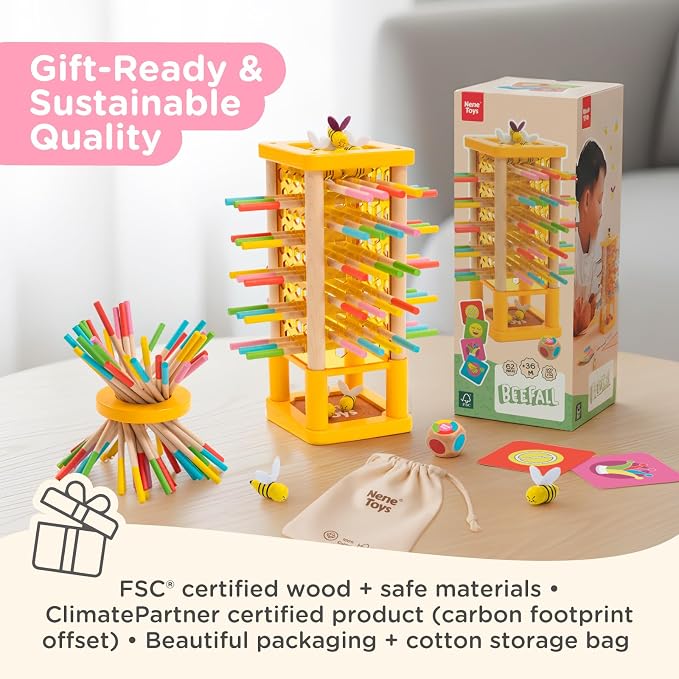 Nene Toys BeeFall Wooden Tower Game for Kids 3+ – 4-in-1 Stick Drop Bee Game with Dice & Action Cards, Rainbow Sticks Ring – Montessori Board Game for Family Game Night, Fine Motor Skills
