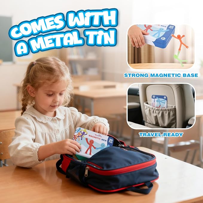 20Pcs Magnetic Travel Toys, Magnets Men for Kids with Portable Metal Box | Airplane Car Travel Fidget Toys Road Trip Activities Essential, Classroom Toys for Kids Birthday Stocking Stuffers Gifts