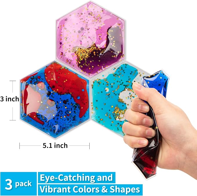 Art3d Hexagon Sensory Fidget Multicolor Liquid Motion Tiles, 3-Pack | Lightweight, Boost Focus, Relieve Anxiety, Eco-Friendly, Varied Colors & Shapes, Suitable for Kids, Teens