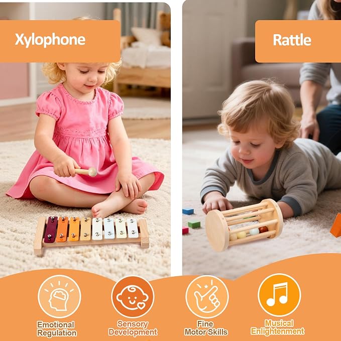 Wooden Montessori Toys,Montessori Baby Blocks Toy for 12-18 Months,Shape Sorting,Xylophone,Development Toys for Girls Boys Birthday Chiristmas Gifts