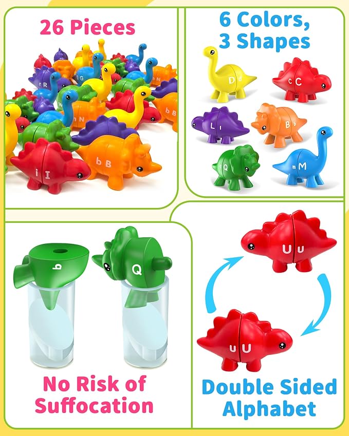 Walenty 26PCS Dinosaur Alphabet Learning Toys for Toddlers Kids 3-5 | Montessori Educational Toys Gifts for 3 4 5 Year Old Boy Girl, Preschool Travel Activities, Double Sided ABC Matching Game