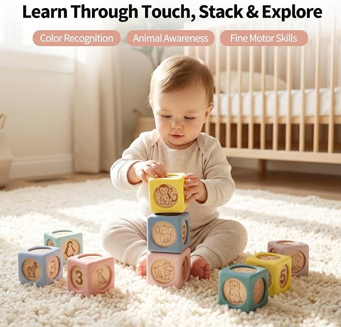 Little Rawr 9 Pcs Baby Silicone & Wooden Stacking Blocks, Food-Grade Silicone Baby Toy with Natural Wood Inserts, Soft Chewable Montessori Blocks for Toddlers, Animal Learning Toy