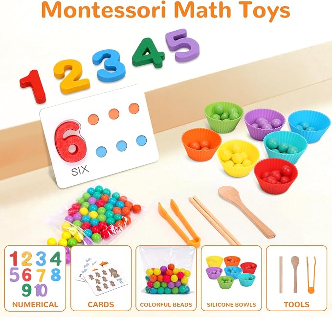 Wooden Peg Board Bead Game, Montessori Arithmetic Math Toy Set | beads, chopsticks & spoons, children's preschool fine motor toys for 3 4 5 years old