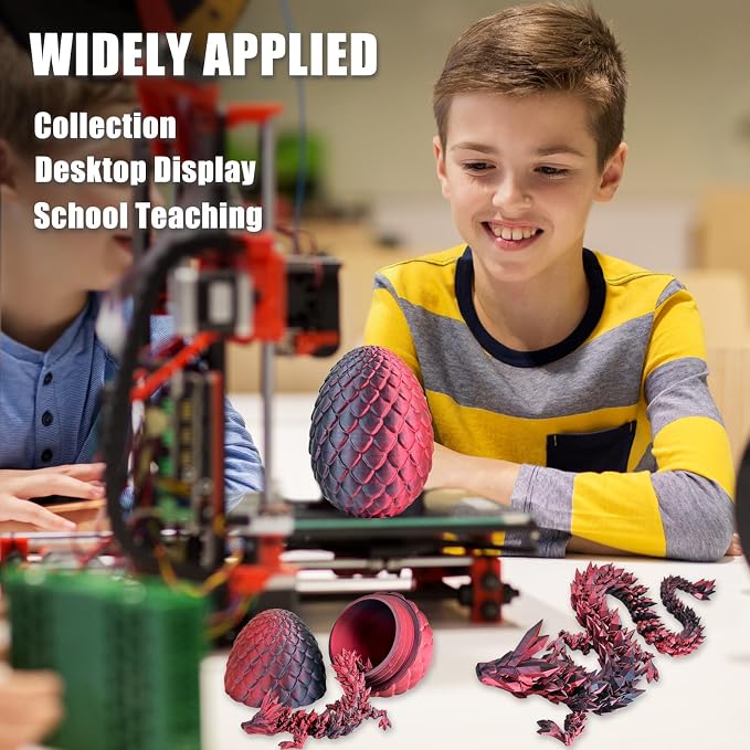 12" 3D Printed Dragon Eggs with Dragon, Articulated 3D Fidget Toys for Kids | Crystal 3D Dragon Toys for Boys Girls, Small 3d Printed Animals, Dino Dinosaur Eggs Toys, Easter Basket Stuffers（Black Red）