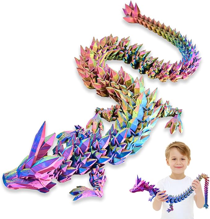 30 Inch Large 3D Printed Dragon 76cm Long Fidget Toy Gift Decor | Flexible Giant Articulated Dragon Toy, Home Desk Decoration, Birthdays Christmas Gift for Kid Boy Girl Adult, Red Yellow Blue