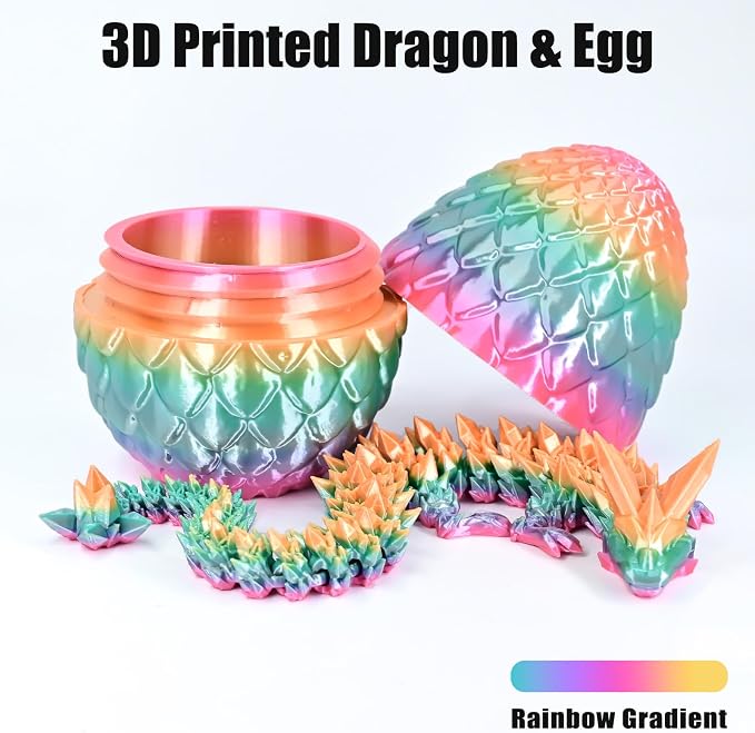 12" 3D Printed Dragon Eggs with Dragon, Articulated 3D Fidget Toys for Kids | Crystal 3D Dragon Toys for Boys Girls, Small 3d Printed Animals, Dino Dinosaur Eggs Toys, Easter Basket Stuffers（Rainbow）
