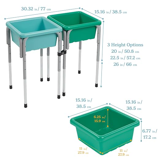 ECR4Kids 2-Station Sand and Water Adjustable Play Table, Sensory Bins, Seafoam/Emerald | Durable plastic/steel, GREENGUARD Gold Certified, 3-5 years, 80 lb capacity, adjustable legs, easy-lift lids, indoor/outdoor