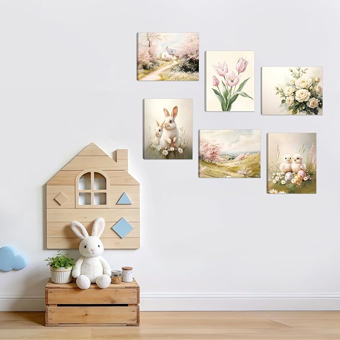 HOURIA Spring Easter Framed Canvas Wall Art(Set of 6,12”x16”), Bunny Chicks Easter Wall Decor, Vintage Tulip Cherry Blossom Spring Decorations for Home Living Room