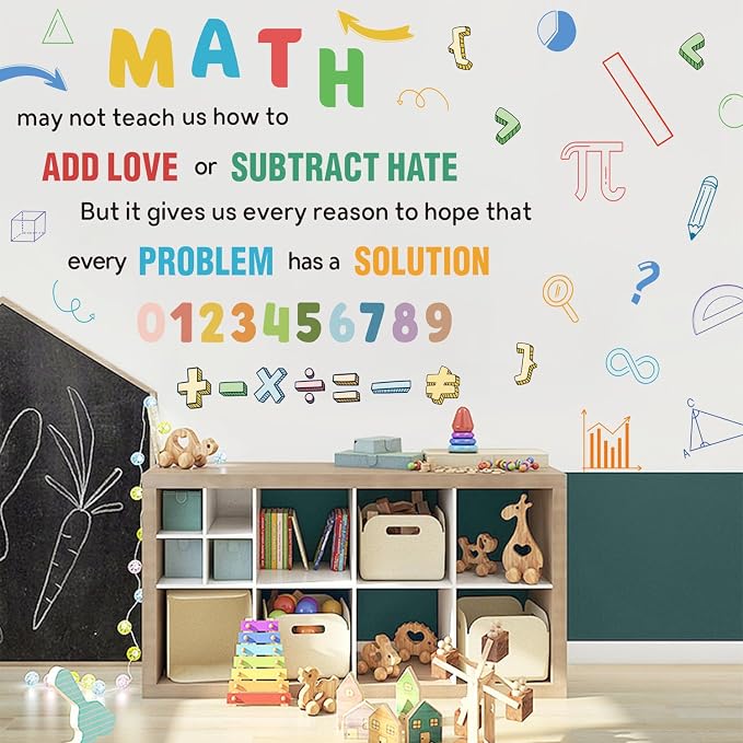 LHIUEM 2 Sheets Large Math Quotes Wall Decals,Inspirational Mathematics Wall Stickers,Big Geometry Symbols Stickers,Fun Math Decals Blue Orange Colors,Full Algebra Posters for School Classroom Nursery