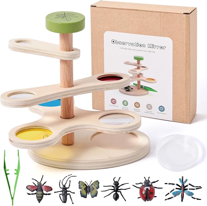 Insect Observation Kit for Kids, Multi-Magnification Rotating Viewer with Color Filters, Wooden STEM Nature Exploration Science Toy with Tweezers, Petri Dish and 6 Insect Models, Gift for Ages 4-8