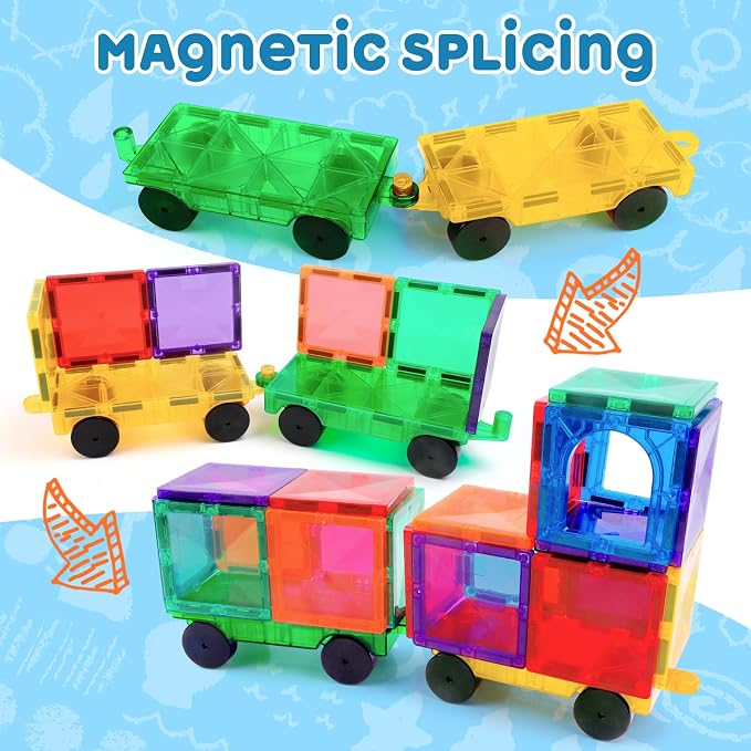 Mruikeny Magnetic Tiles Cars Construction Set - 4 PCS Magnetic Tiles Magnet Bricks Truck Sensory Toys, Educational Magnet Cars Set Building Blocks for 3 4 5 6 7 8+ Year Old Girls Boys