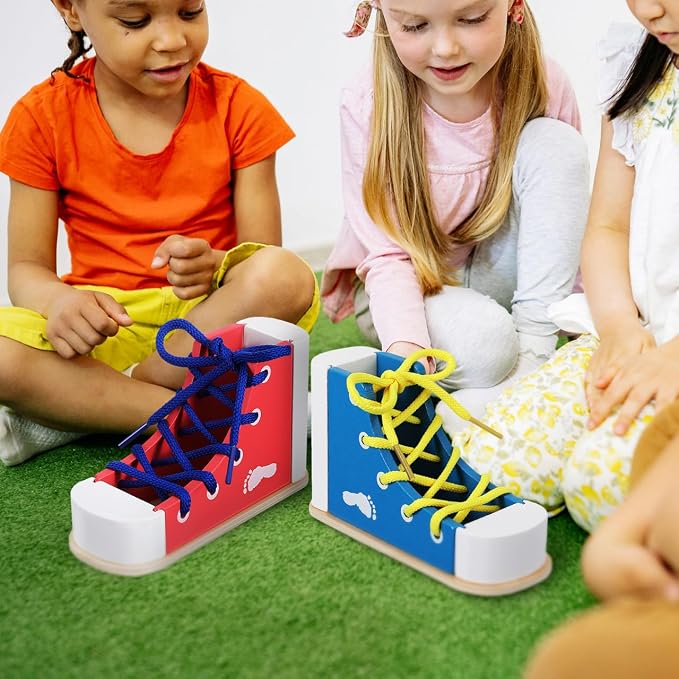 STOBOK 2pcs Learn to Tie Shoes for Kids with Wooden Lacing Sneaker Toy | Tie-Up Shoe Practice Kit Threading Montessori Educational Toys (Blue + Pink)