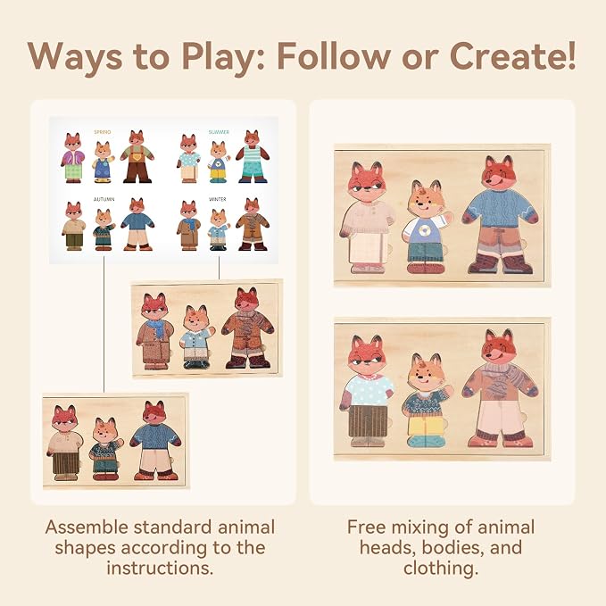 Wooden Dress-Up Puzzle for Ages 3+, Fox Family 17 Mix-and-Match Pieces with Storage Box, Montessori Matching Toy for Fine Motor & Imaginative Play, Birthday