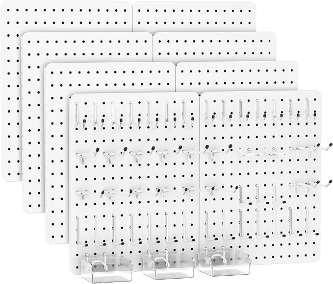 Peg Board, 114PCS Heavy Duty Metal Pegboard with Hooks, 8 Pack White Peg Board Panels, 60lbs Load Capacity Each, Pegboard Wall Organizer for Garage, Workshop, Kitchen, Craft Rooms