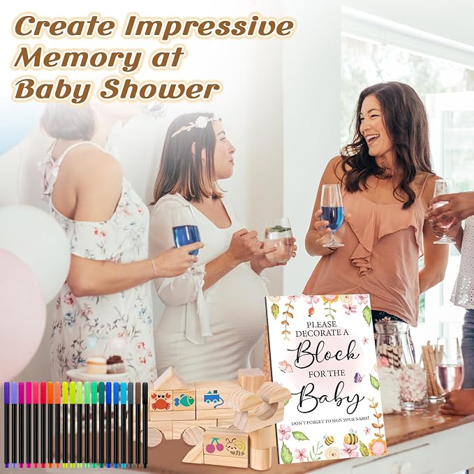 141 Pcs Baby Shower Game Sign Set Includes Decorative Square Signs 100 DIY Blank Wooden Blocks 20 Paint Markers(Garden)