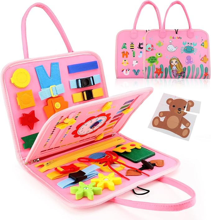 Busy Board Montessori Toy for 3-6 Year Old Toddlers - Educational Activity Developing Sensory Board for Basic Dress Fine Motor Skills - Travel Toys for Plane Car, Gift for Boys Girls