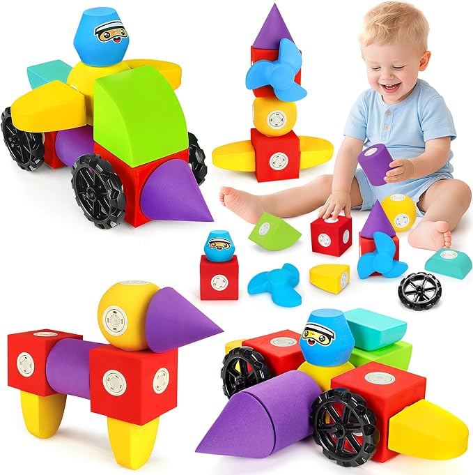 Hodurgyi 15 PCS Magnetic Foam Blocks, STEM Preschool Toys for Children, Magnetic Building Blocks for Toddlers, Kids Bath Toys and Montessori Sensory Toys, Birthday for Boys & Girls Age 3 4 5 6+