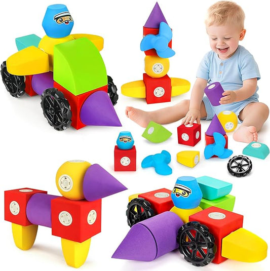 Hodurgyi 15 PCS Magnetic Foam Blocks, STEM Preschool Toys for Children, Magnetic Building Blocks for Toddlers, Kids Bath Toys and Montessori Sensory Toys, Birthday for Boys & Girls Age 3 4 5 6+