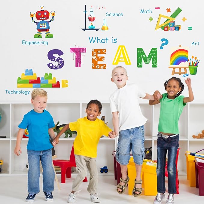 LHIUEM Large STEAM Wall Decal Colorful Steam Bulletin Board Wall Stickers | STEAM Science Educational Wall Decor Funny School Classroom Sticker for Wall Lab Learning Mural for Kids Classroom Laboratory