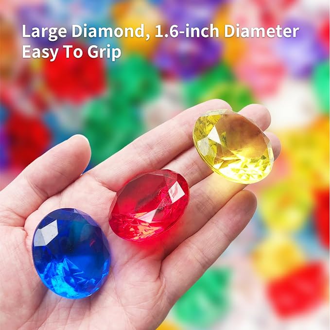 28Pcs Large Diving Pool Gems Big Acrylic Diamond Gemstones Jewels for Kids | Extra Large 1.57in, Fake Plastic Crystal Gems, Underwater Mermaid Hunt Pirate Treasure Games, Easter Egg Fillers