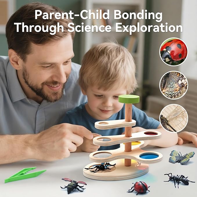 Insect Observation Kit for Kids, Multi-Magnification Rotating Viewer with Color Filters, Wooden STEM Nature Exploration Science Toy with Tweezers, Petri Dish and 6 Insect Models, Gift for Ages 4-8