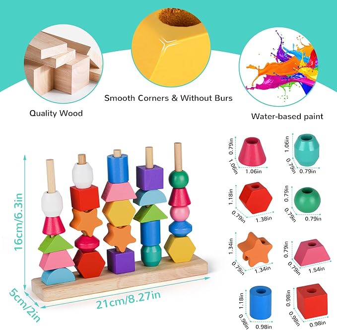 Montessori Bead Sequencing Toy Set, Wooden Stacking Blocks & Lacing Beads & Matching Shape Colors Stacker, Montessori Toys for 3 4 5 Year Old, Toddlers Preschool Learning Fine Motor Skills Toys