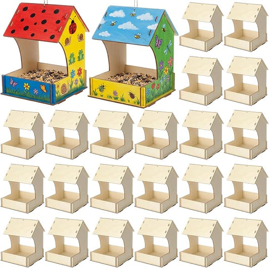 DoubleFill 24 Pack Bird Feeder Kits Bulk Wooden DIY Birdhouse Kits Unfinished Bird Feeder Birdhouse to Paint Wood Craft for Educational Fun Art Outdoor Activities Gifts