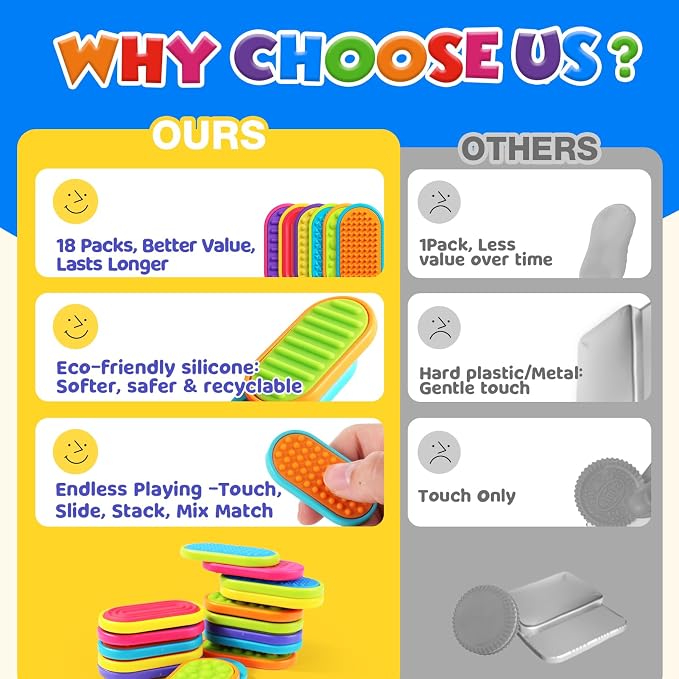 Sensory Fidget Magnet Toys for Kids: 18-Pack Textured Silicone Magnetic Sliders for Autism Children Classroom Must Haves, Goodie Bags Fidgets Box Gifts Portable Quiet Travel Toys